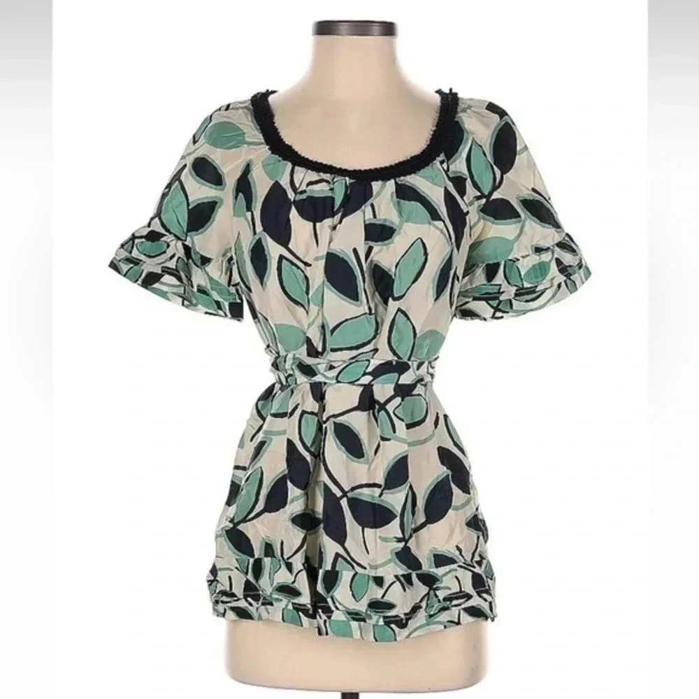 BCBGMaxAzria Y2K 100% Silk Green Leaf Print Belt Sash Shirt Top Bouse Size XS